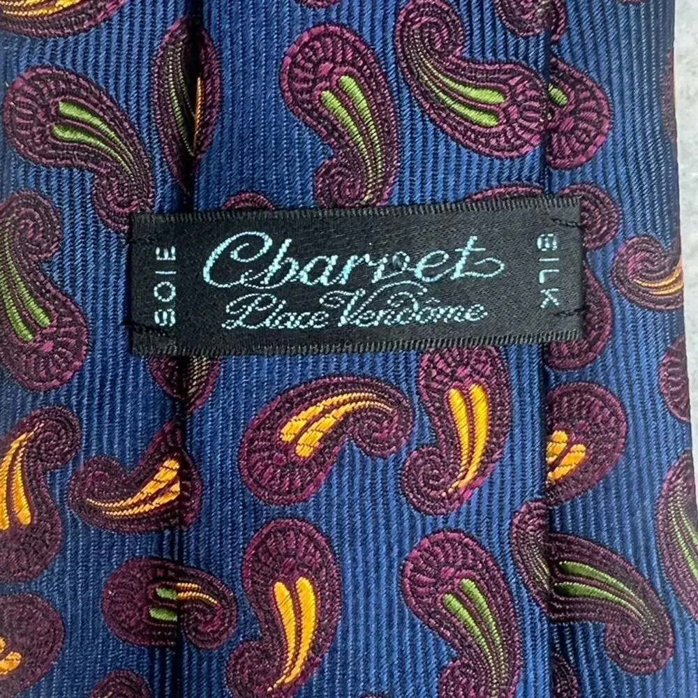 Charvet Place Vendome 100% Silk Men's Necktie Paisley Blue Made in France Satin